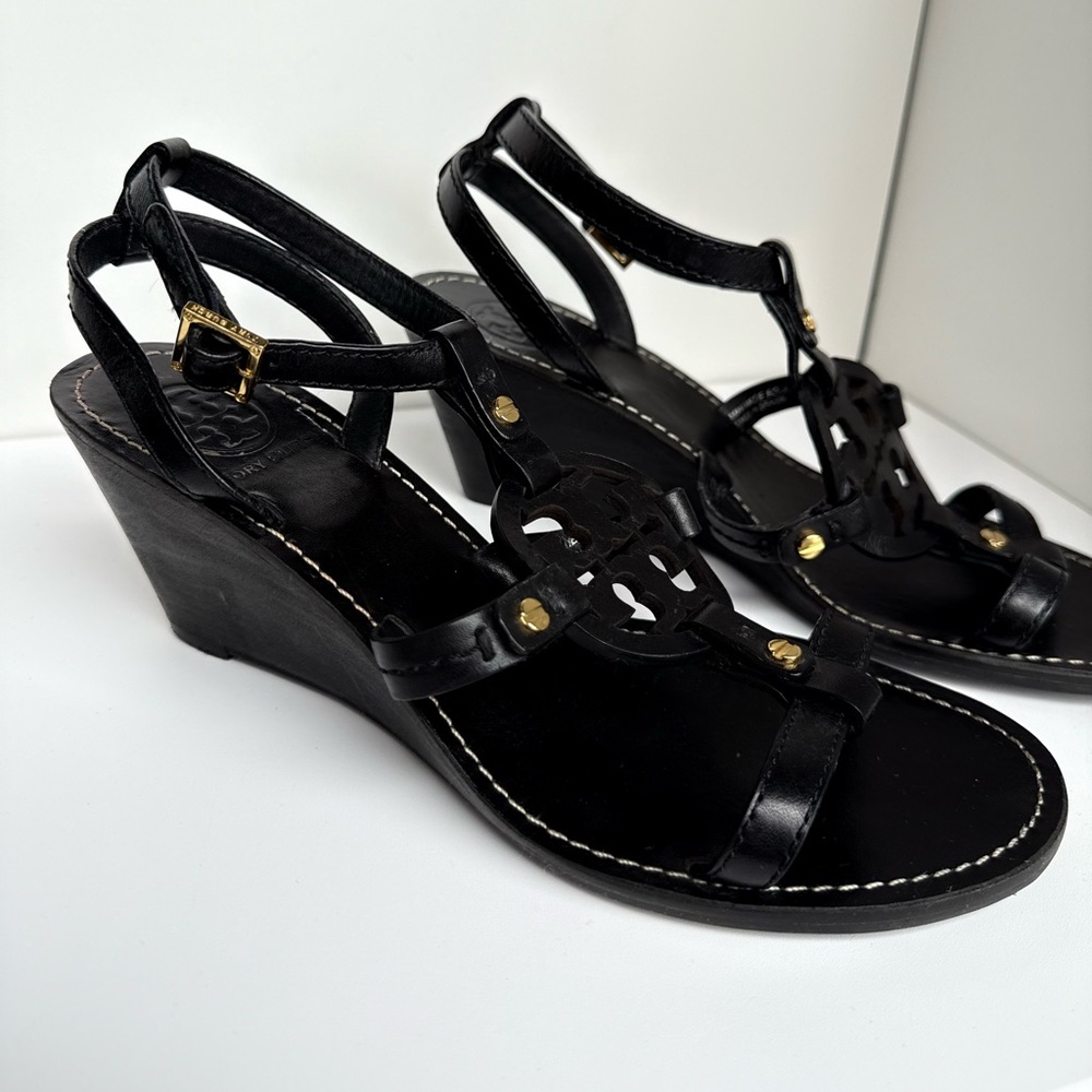 Tory Burch Black Leather Miller Logo Wedge Ankle Strap Sandals Size 7M - Picture 7 of 11
